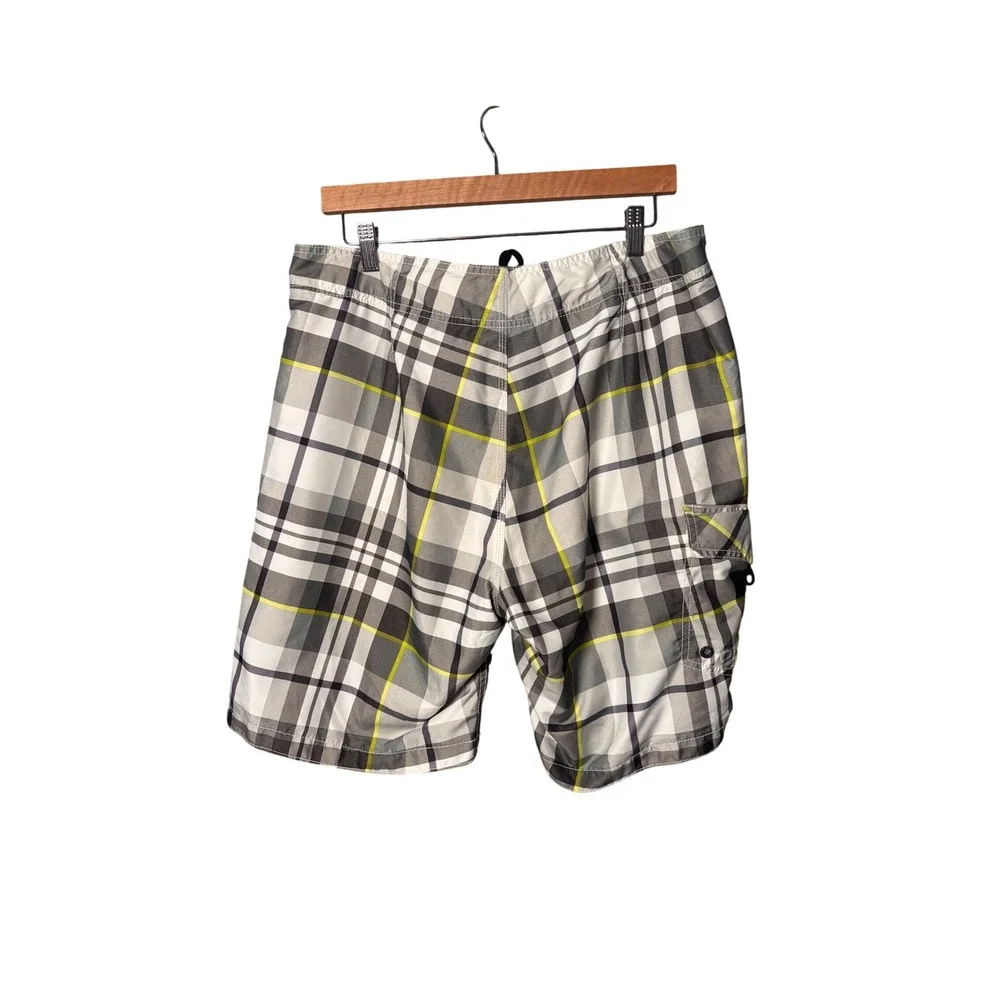 Old Navy Mens Board Shorts Large Grey White Lined Plaid Cargo Surf Beach